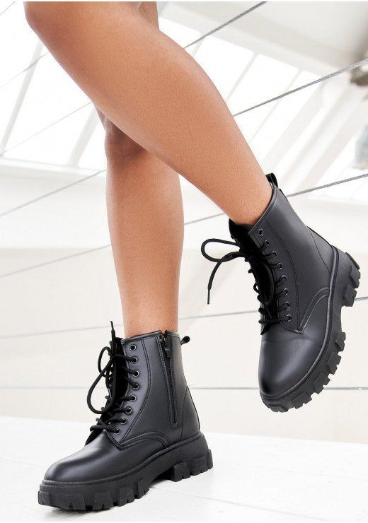 Mia Black Vegan Leather Chunky Platform Lace Up Boots sold by Missy Empire