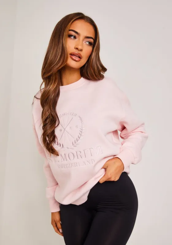 Maisy Baby Pink St Moritz Embroidered Graphic Sweatshirt made by Missy Empire