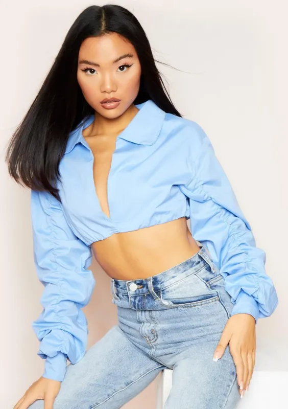 Aubrey Blue Ruched Sleeve Crop Shirt sold by Missy Empire