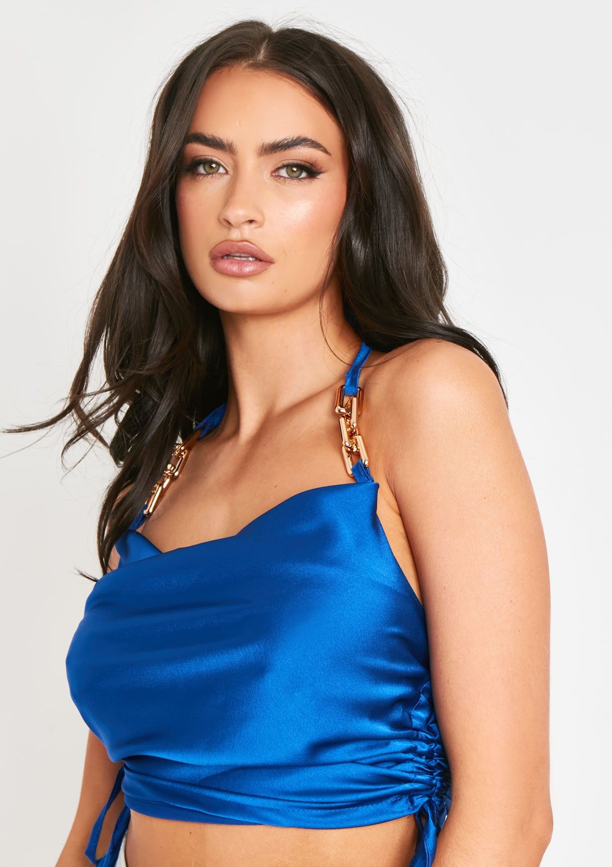 Nyla Blue Satin Chain Detail Cowl Neck Crop Top sold by Missy Empire product image thumbnail 2