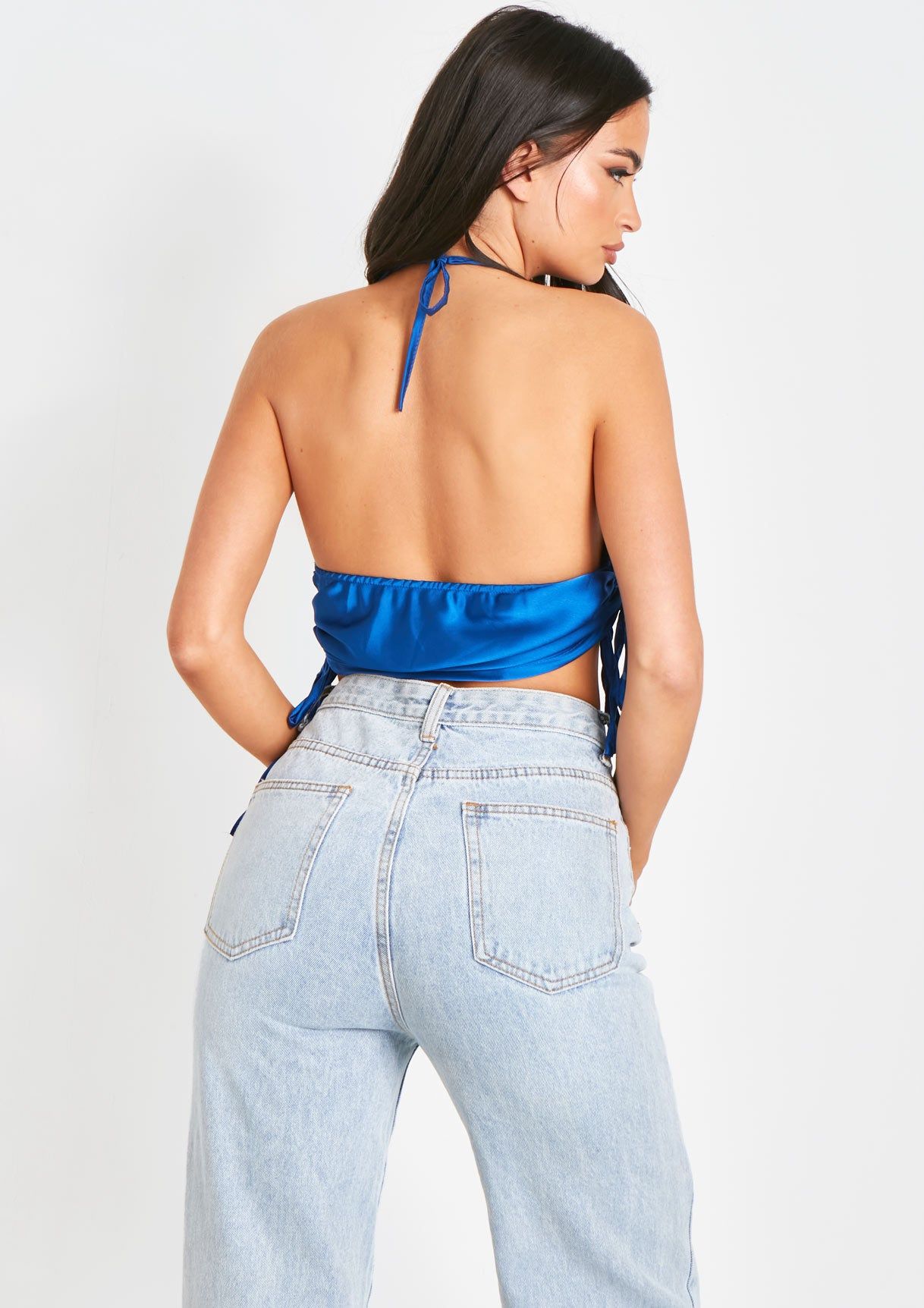 Nyla Blue Satin Chain Detail Cowl Neck Crop Top sold by Missy Empire product image thumbnail 3