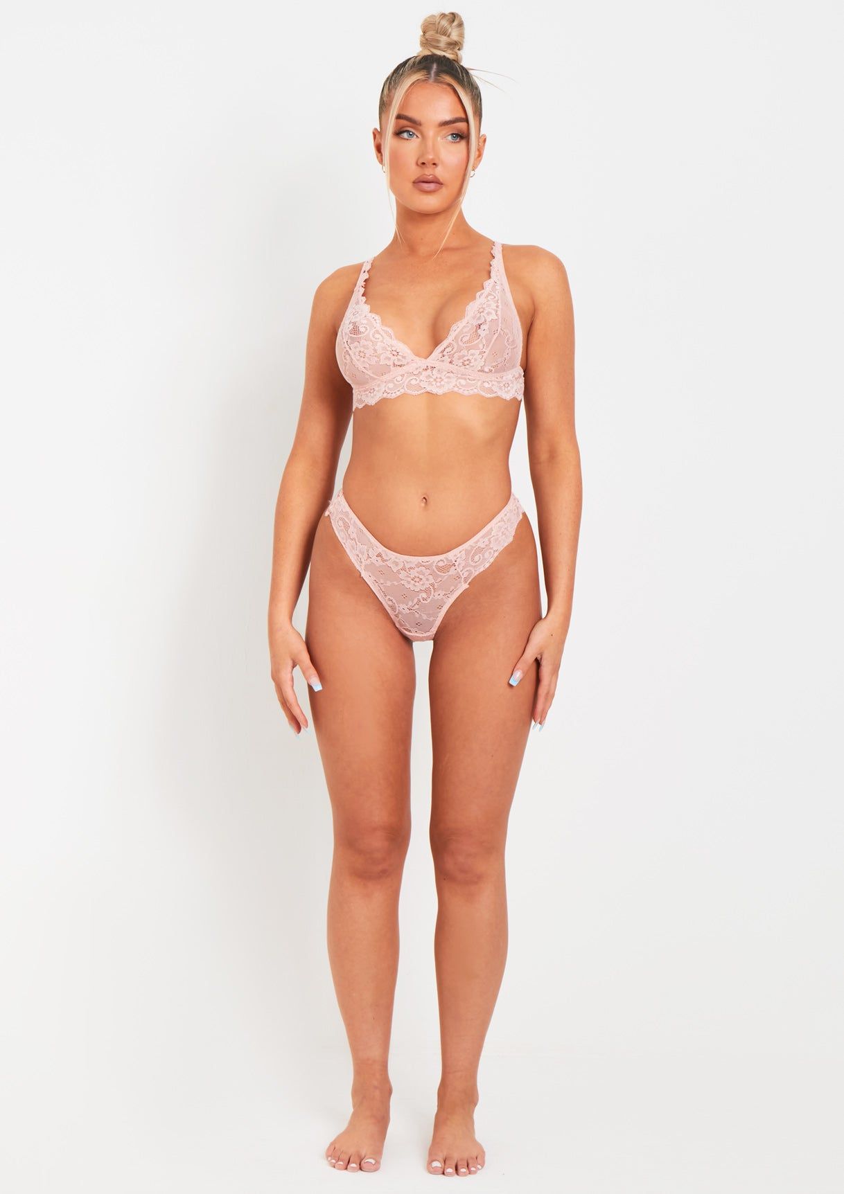 Cara Pink Lace 2 Piece Triangle Bralet & Thong Lingerie Set sold by Missy Empire