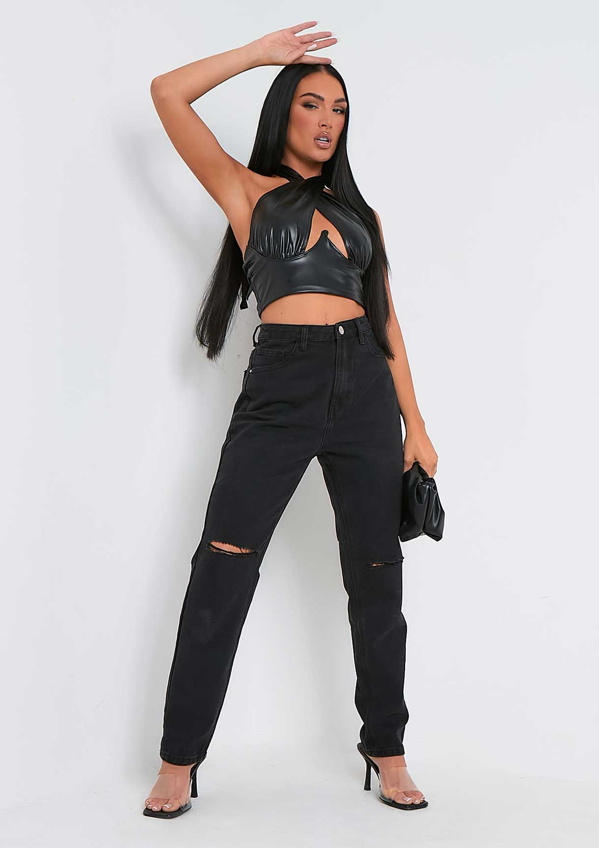 Maegan Black PU Underwired Halter Neck Crop Top sold by Missy Empire product image thumbnail 4