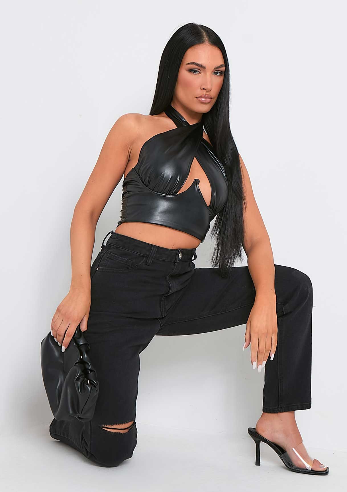 Maegan Black PU Underwired Halter Neck Crop Top sold by Missy Empire product image thumbnail 2