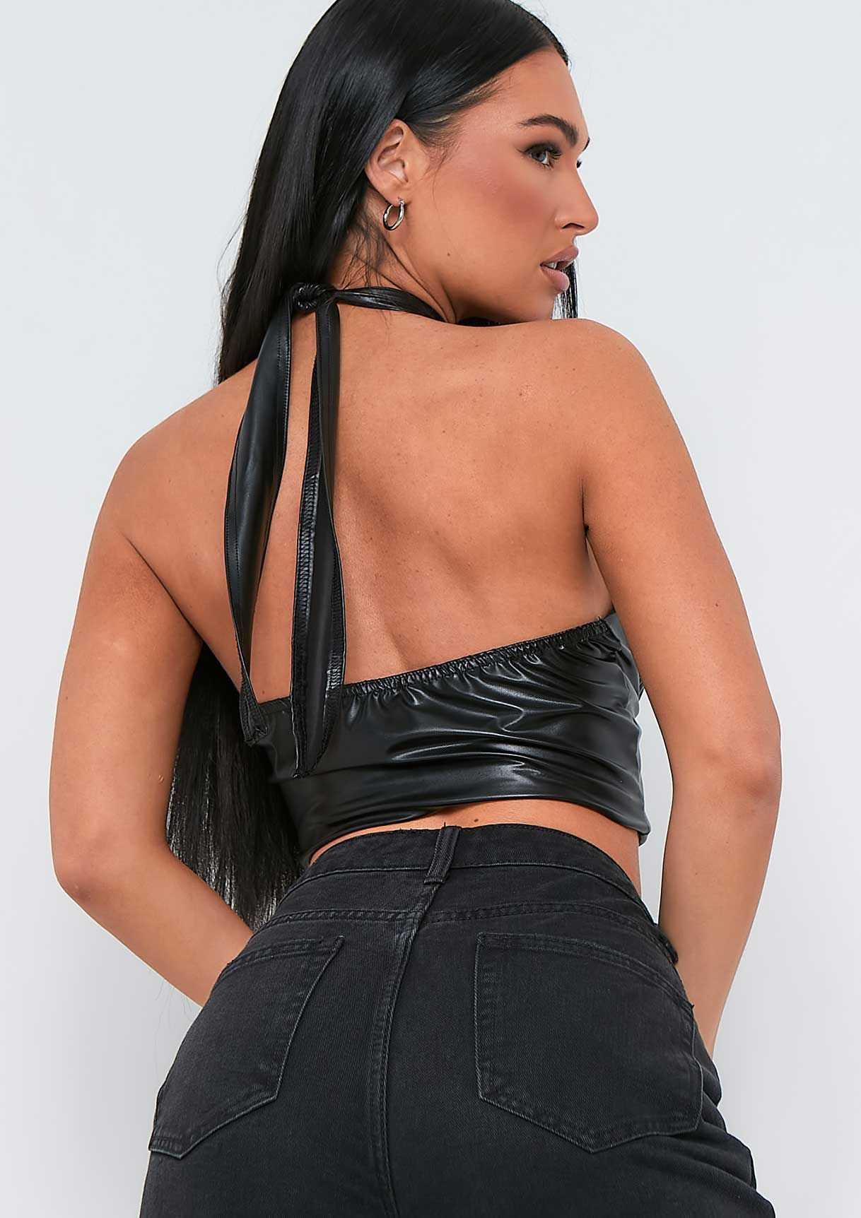 Maegan Black PU Underwired Halter Neck Crop Top sold by Missy Empire product image thumbnail 3