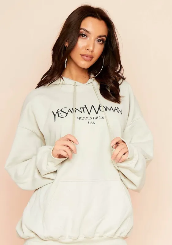 Ava Sand Woman Slogan Oversized Hoodie made by Missy Empire