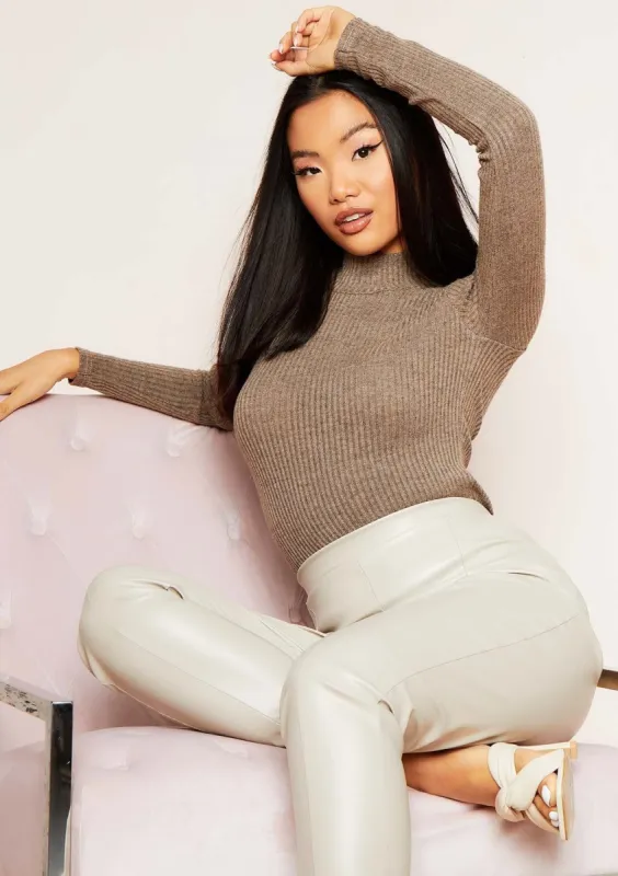 Rosie Chocolate High Neck Super Soft Rib Knit Long Sleeve Top sold by Missy Empire