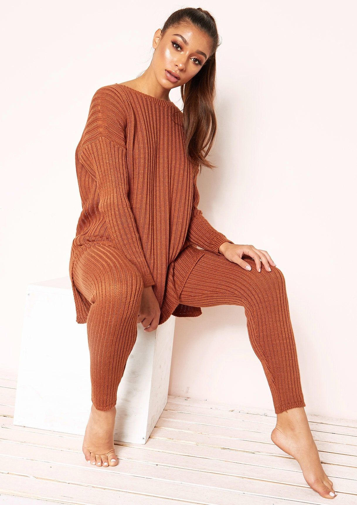 Anya Rust Knit Jumper Loungewear Set sold by Missy Empire