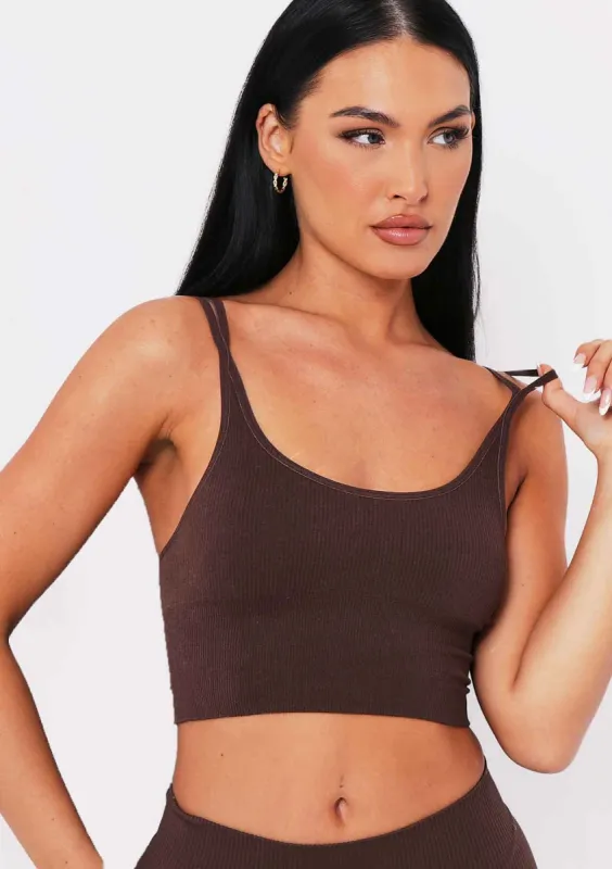Kara Chocolate Seamless Ribbed Scoop Neck Double Strap Crop Top sold by Missy Empire