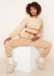 Stella Beige Seam Detail Cropped Sweater And Jogger Loungewear Set sold by Missy Empire
