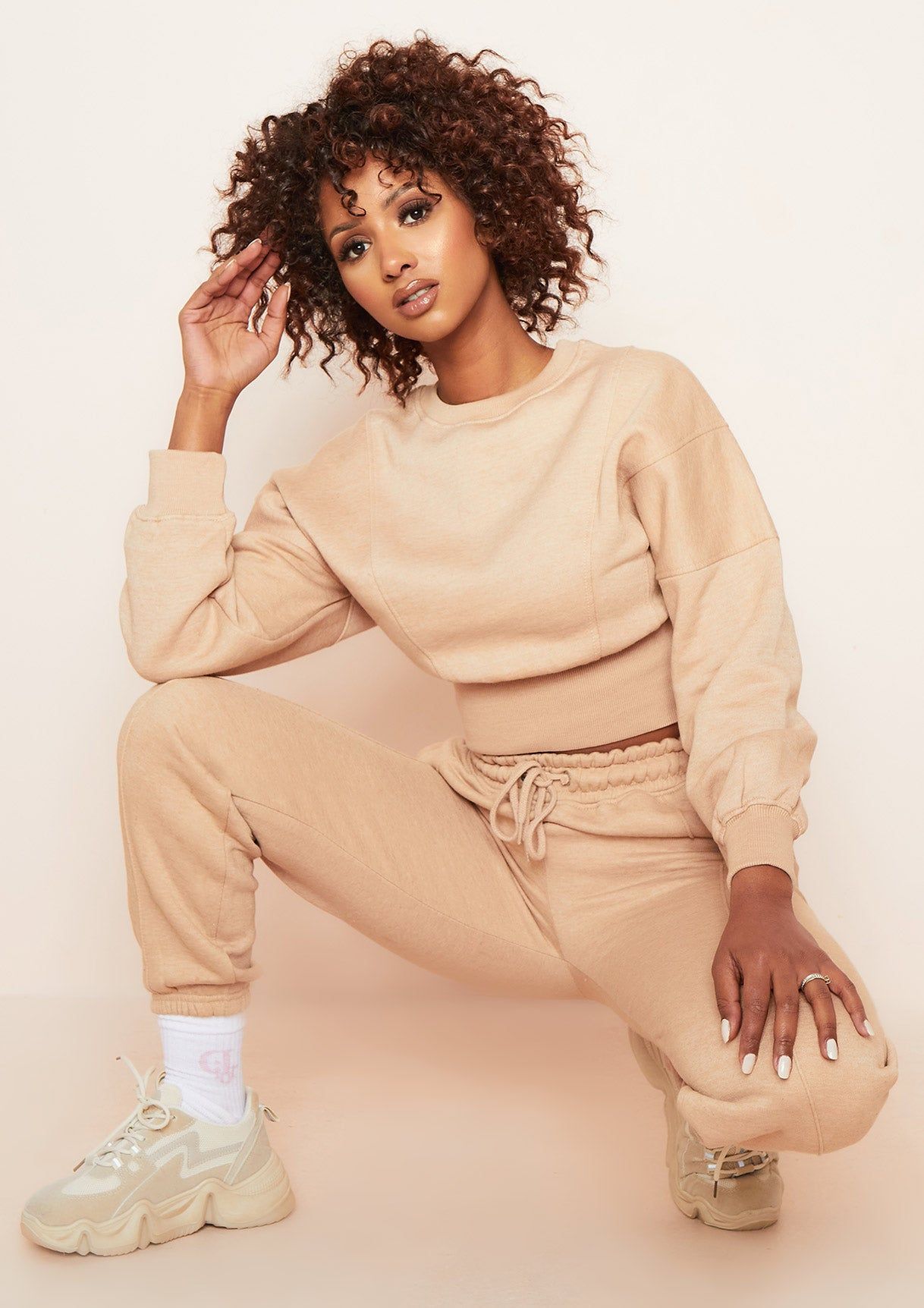 Stella Beige Seam Detail Cropped Sweater And Jogger Loungewear Set sold by Missy Empire product image thumbnail 5