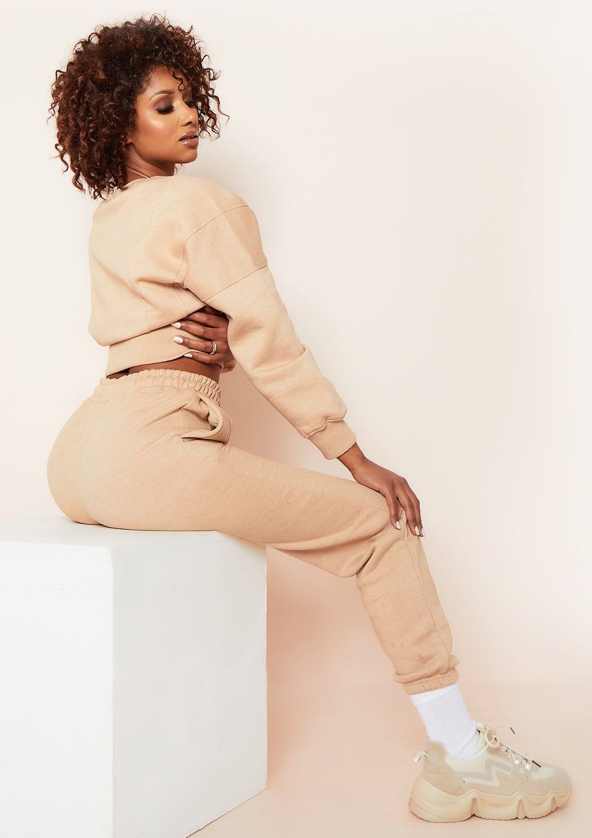 Stella Beige Seam Detail Cropped Sweater And Jogger Loungewear Set sold by Missy Empire product image thumbnail 2