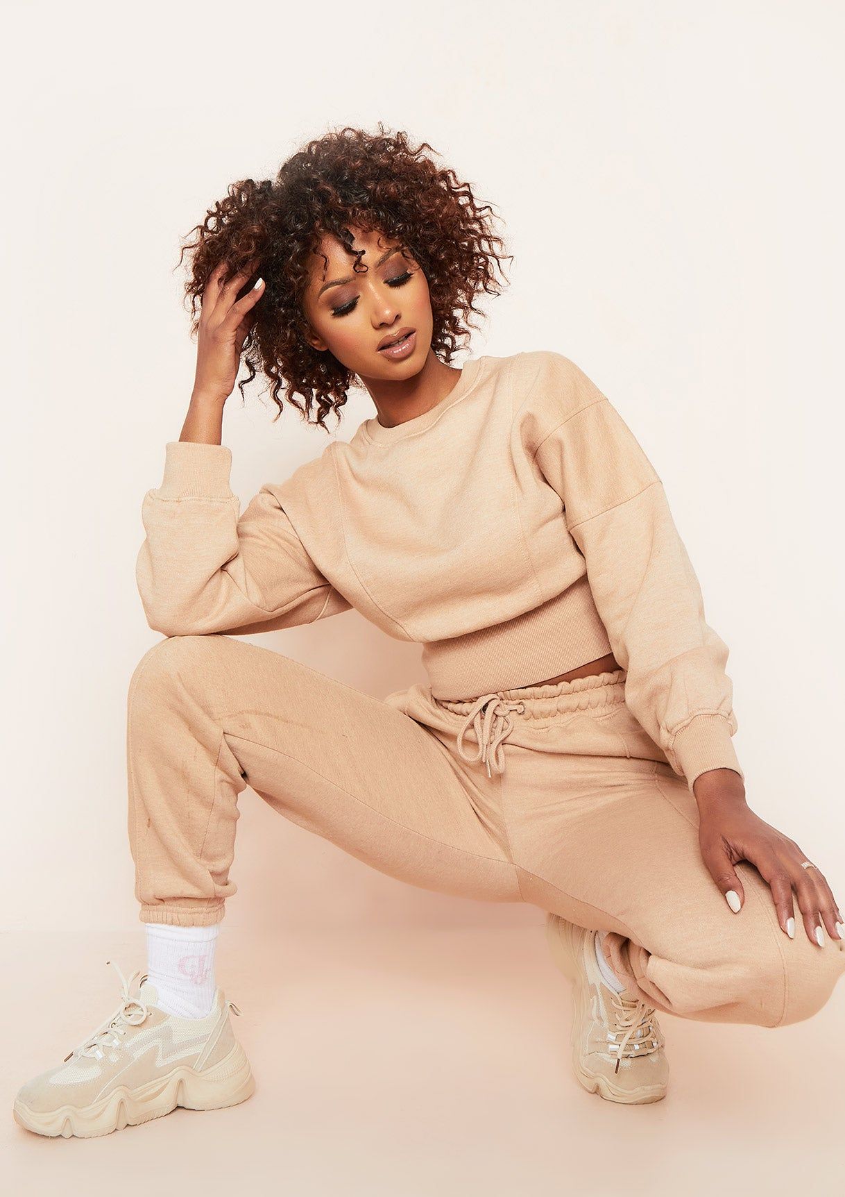 Stella Beige Seam Detail Cropped Sweater And Jogger Loungewear Set sold by Missy Empire product image thumbnail 6