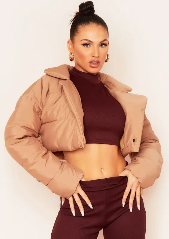 Cami Camel Extreme Cropped Puffa Coat sold by Missy Empire