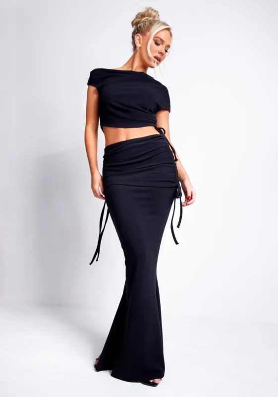 Kianne Black Ruched Fold Over Maxi Skirt sold by Missy Empire