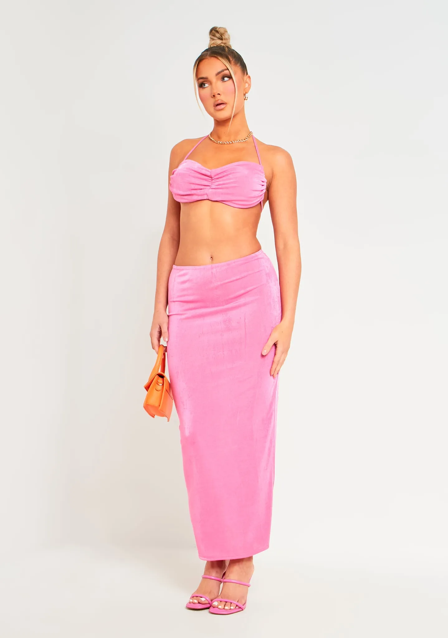Amora Pink Acetate Slinky Ruched Maxi Skirt sold by Missy Empire product image thumbnail 4