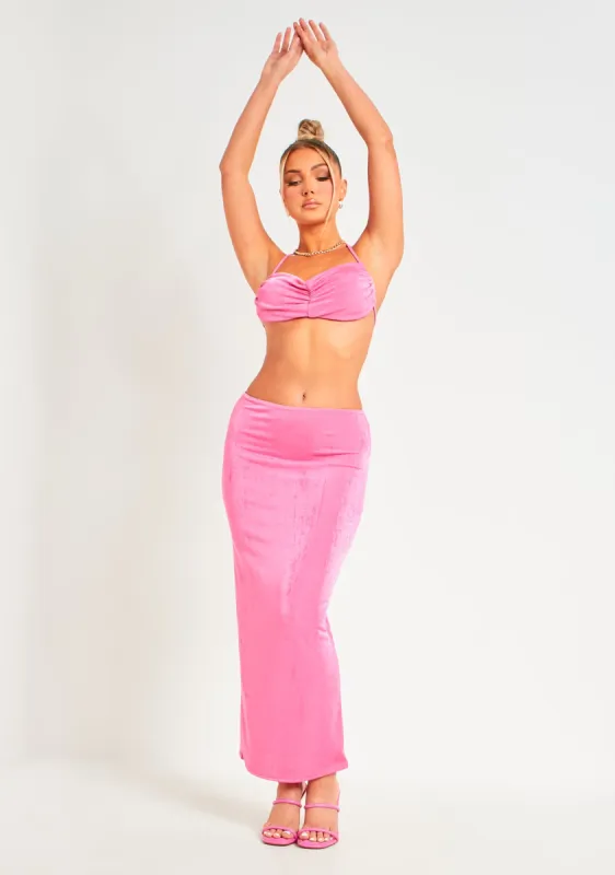 Amora Pink Acetate Slinky Ruched Maxi Skirt sold by Missy Empire