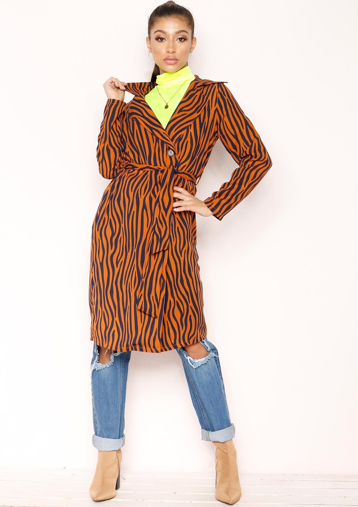 Zaria Rust Zebra Print Longline Jacket sold by Missy Empire