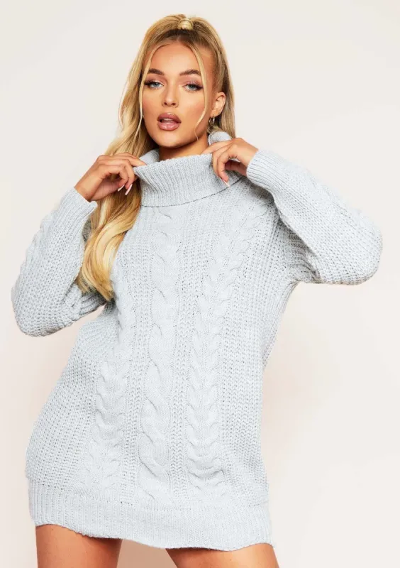 Abbie Light Grey Cable Knit Roll Neck Jumper Dress sold by Missy Empire