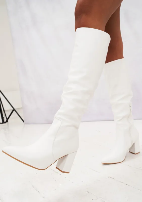 Darcy White Knee High Heeled Boots sold by Missy Empire