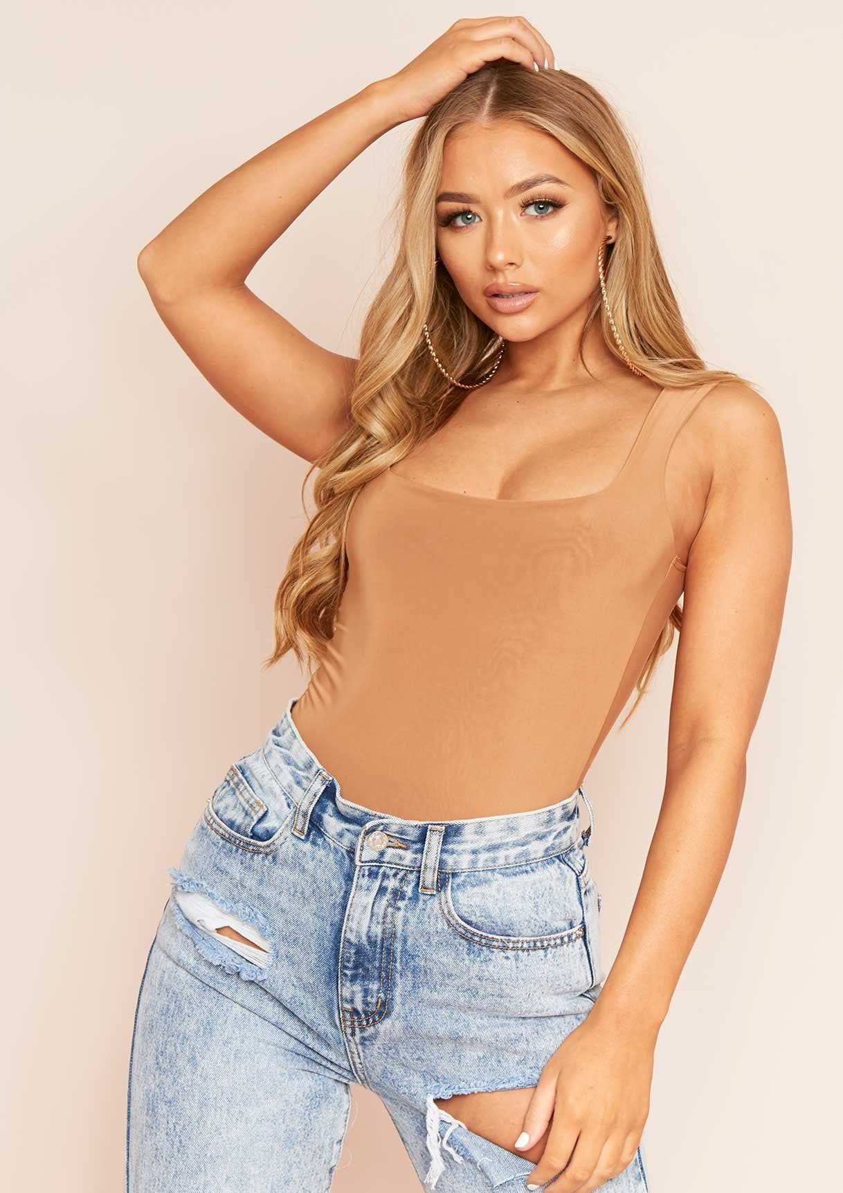 Mia Camel Slinky Square Neck Sleeveless Bodysuit sold by Missy Empire