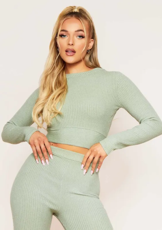 Emma Sage Brushed Rib Wrap Back Tie Waist Crop Top sold by Missy Empire
