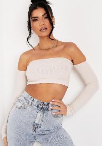 Claire Beige Soft Rib Bardot Long Sleeve Crop Top sold by Missy Empire