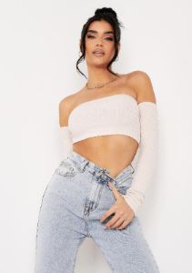 Claire Beige Soft Rib Bardot Long Sleeve Crop Top sold by Missy Empire