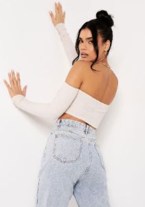 Claire Beige Soft Rib Bardot Long Sleeve Crop Top sold by Missy Empire