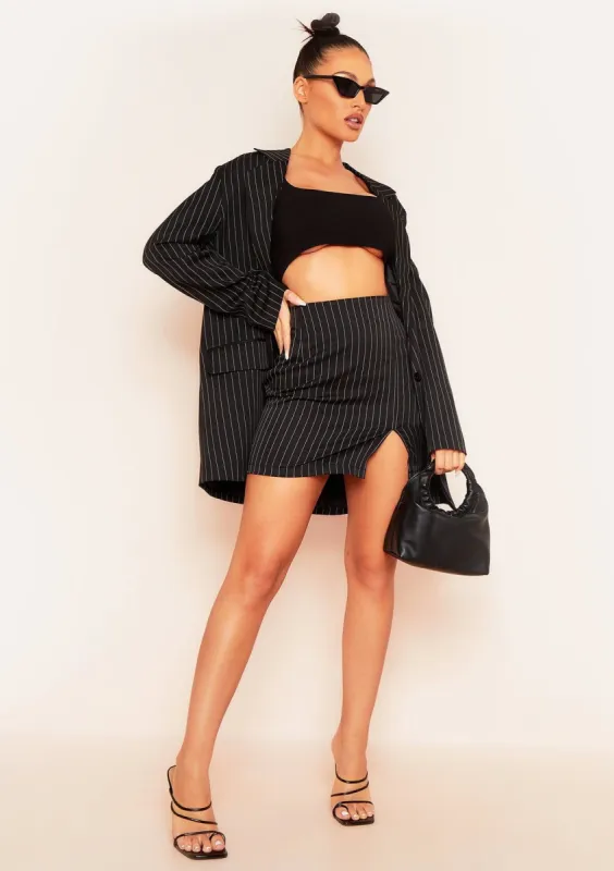 Maria Black Pinstripe Side Split Mini Skirt sold by Missy Empire