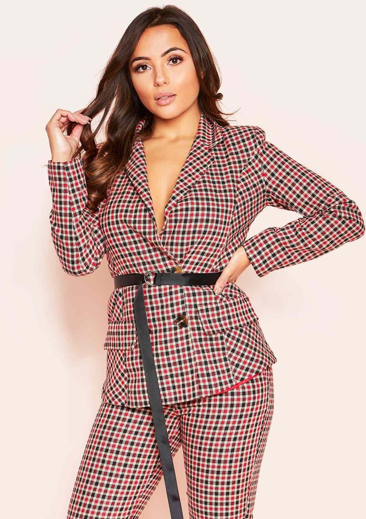 Alanis Red Checked Belted Blazer sold by Missy Empire