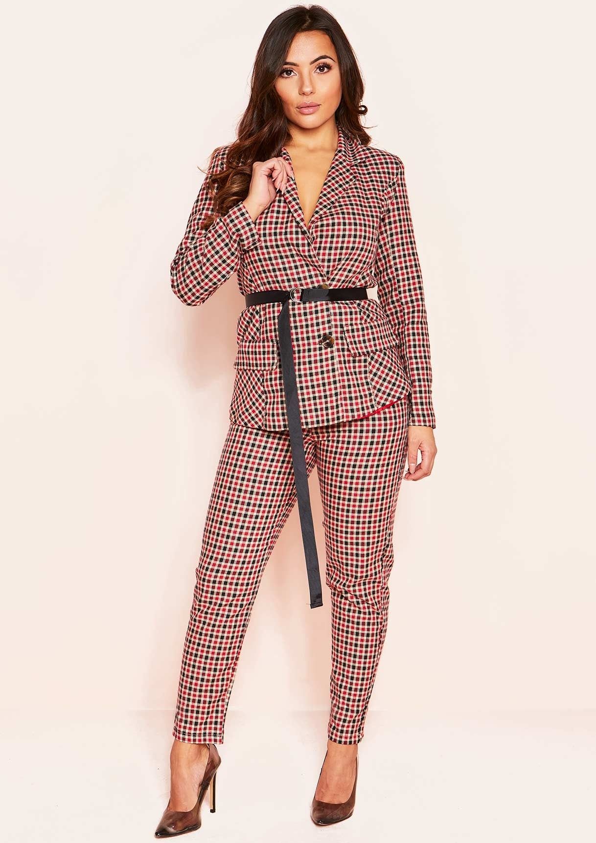 Alanis Red Checked Belted Blazer sold by Missy Empire product image thumbnail 4