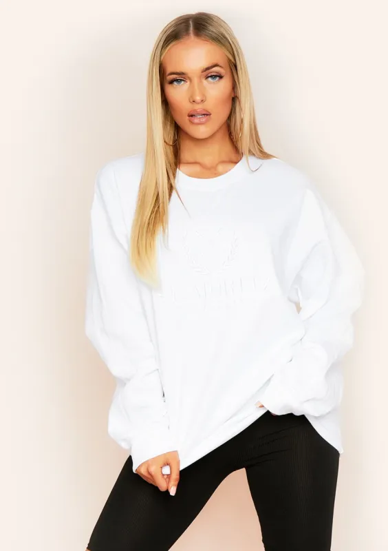 Halyn White St. Moritz Slogan Oversized Sweatshirt sold by Missy Empire