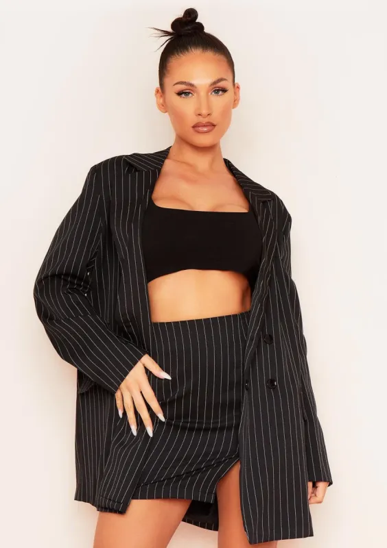 Carlie Black Pinstripe Double Breasted Oversized Blazer sold by Missy Empire