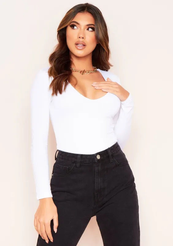Lisa White Long Sleeve Plunge Bodysuit sold by Missy Empire