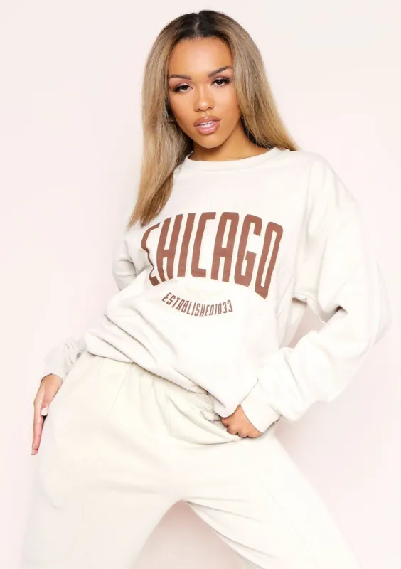 Kait Sand Chicago Slogan Oversized Sweatshirt sold by Missy Empire
