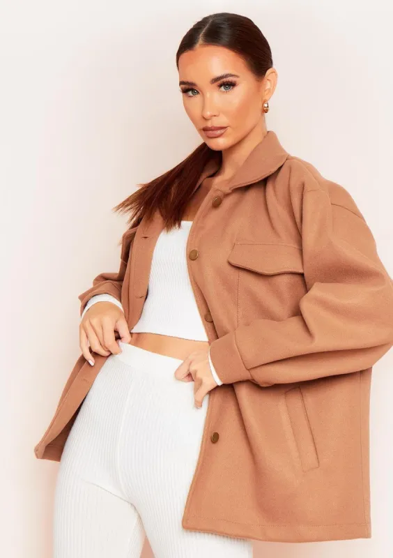 Dala Camel Oversized Pocket Shacket sold by Missy Empire