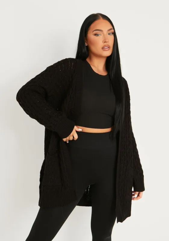Fiona Black Cable Knit Long Cardigan sold by Missy Empire