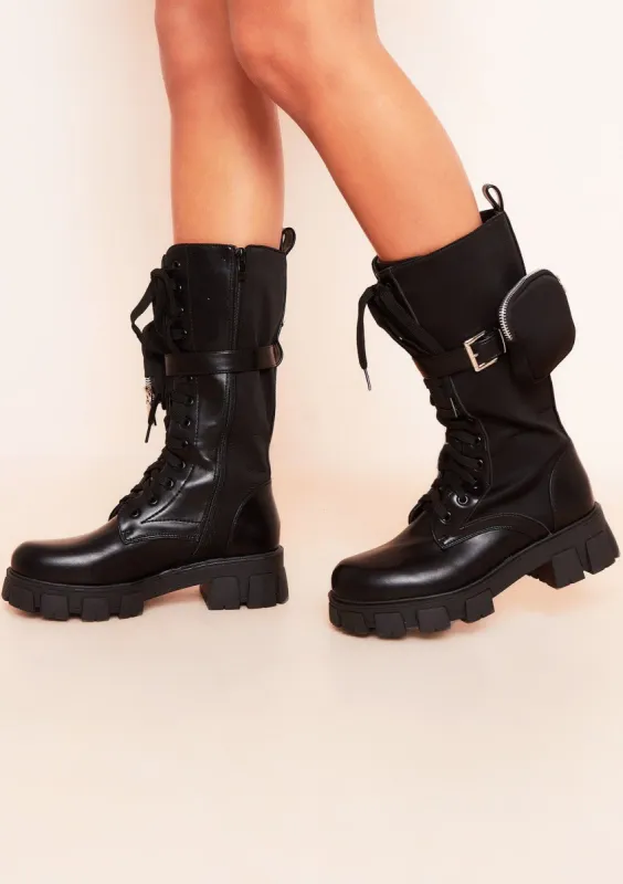 Zenya Black Chunky Lace Up Ankle Pouch Boots sold by Missy Empire