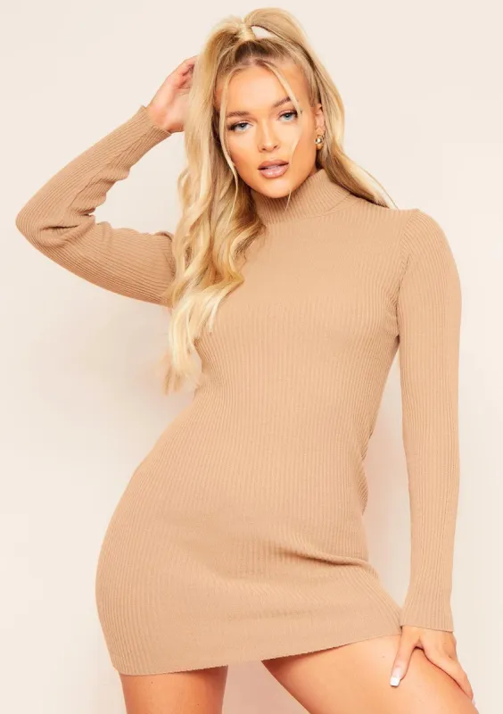 Nikita Mocha Roll Neck Knitted Mini Dress sold by Missy Empire