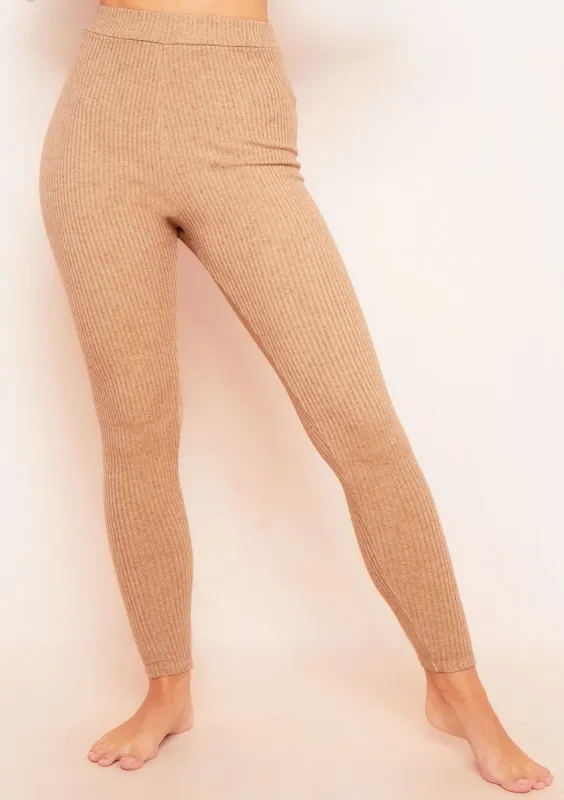Sarah Camel Brushed Ribbed Legging sold by Missy Empire