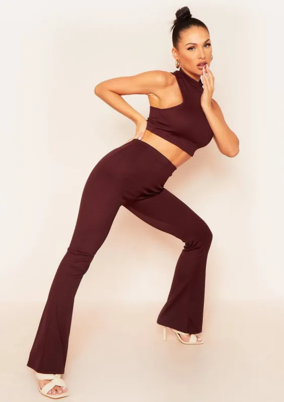 Jania Chocolate Thick Bandage Ribbed Flared Trousers sold by Missy Empire
