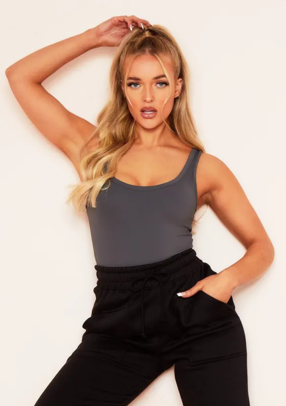 Lia Charcoal Scoop Neck Plunge Bodysuit sold by Missy Empire