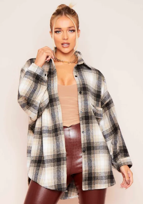 Saskia Beige Checked Oversized Shacket sold by Missy Empire