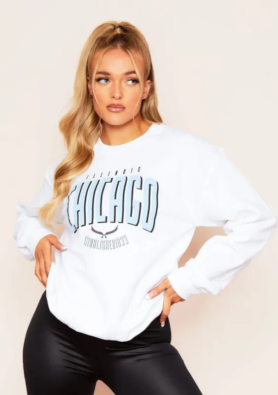 Kait White Chicago Slogan Oversized Sweatshirt sold by Missy Empire
