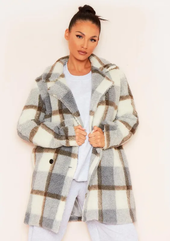 Calila Grey Checked Borg Jacket sold by Missy Empire