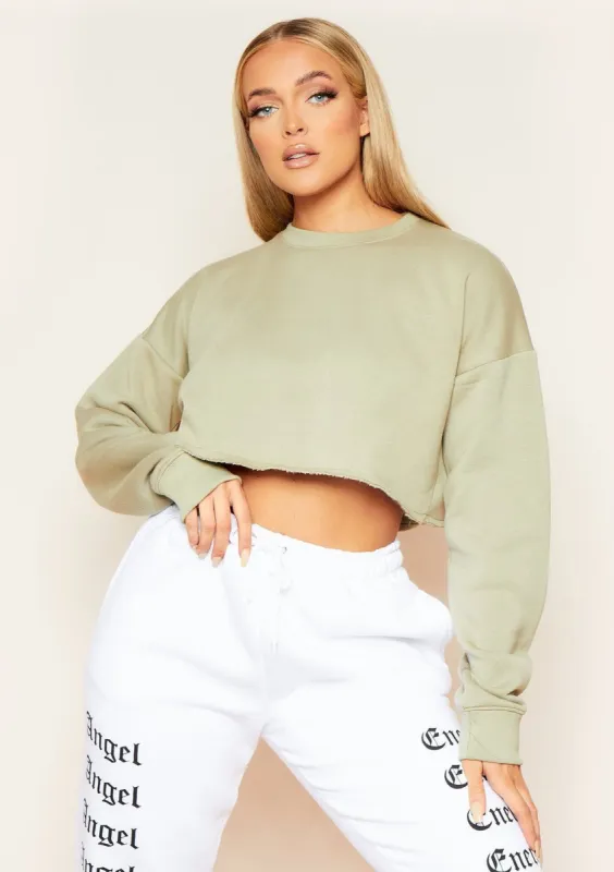 Melanie Olive Green Raw Hem Crew Neck Cropped Sweater sold by Missy Empire