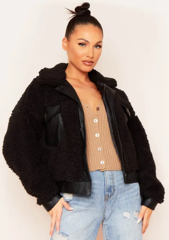 Natasha Black Borg Faux Leather Contrast Jacket sold by Missy Empire