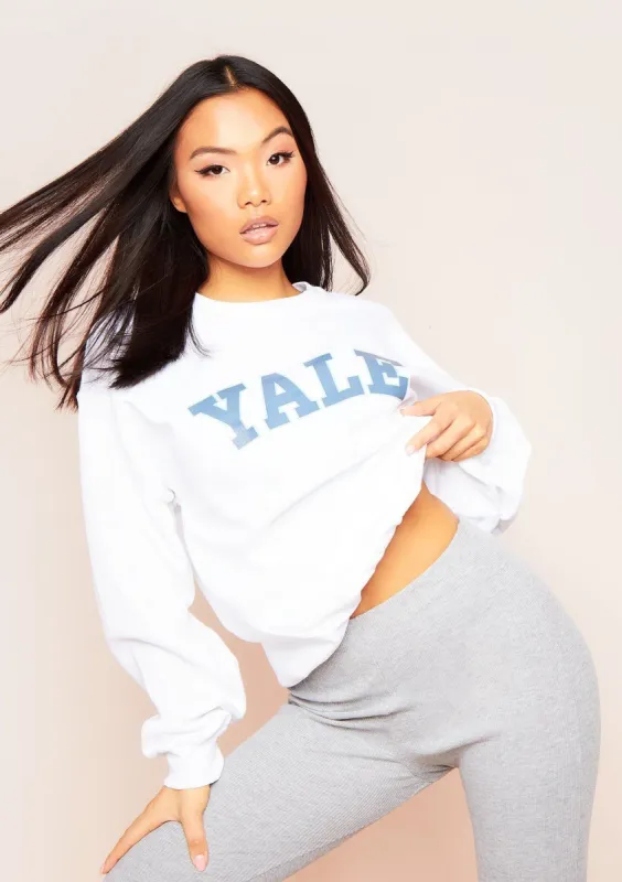 Mila White Blue Yale Slogan Oversized Sweatshirt sold by Missy Empire