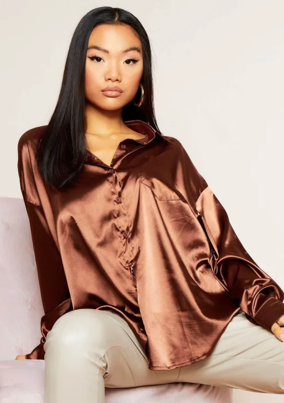 Jessica Chocolate Oversized Thick Satin Button Through Shirt sold by Missy Empire